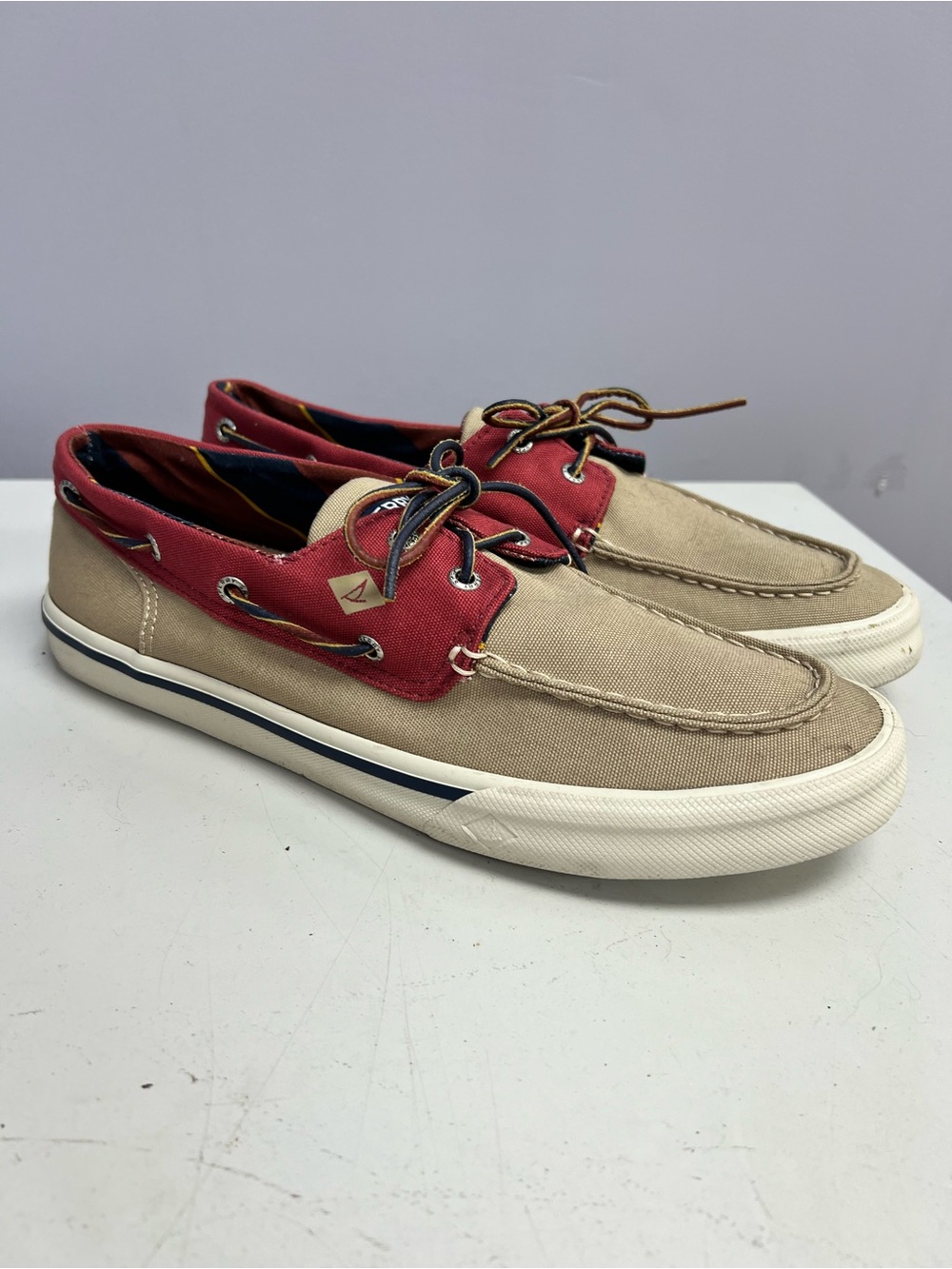 Sperry Two-Tone Canvas Boat Shoes in Beige and Red Mens 10.5